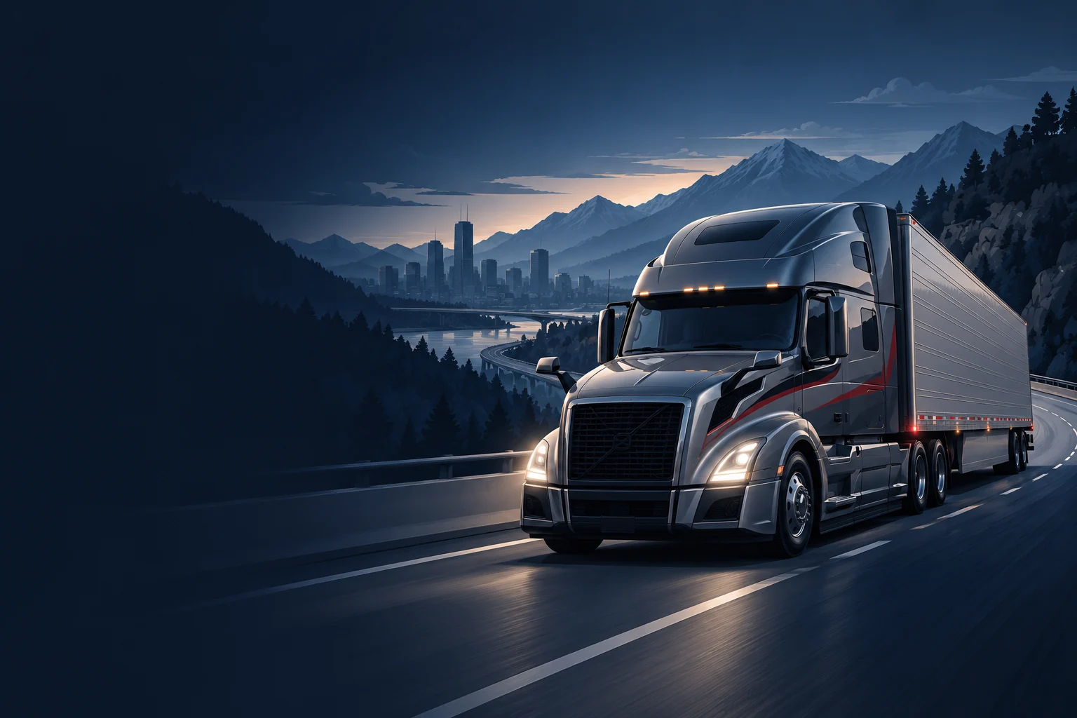 Concept illustration of a silver sleeper truck on a sweeping American highway